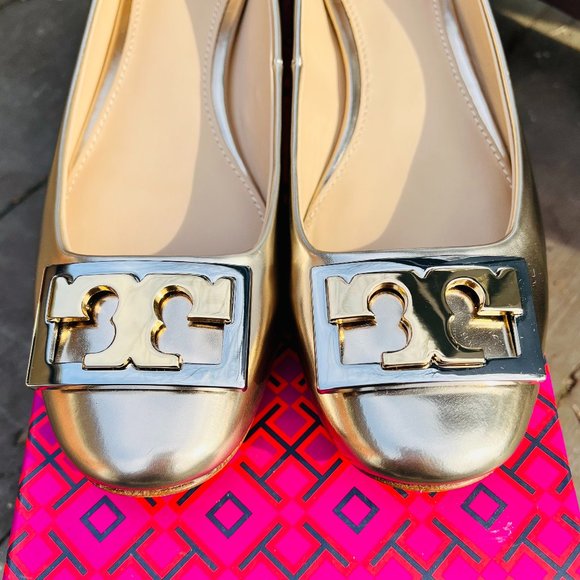 Tory Burch Gigi Dress Pumps in Metallic Gold w/ T Logo & Blocked Heel, Brand-New - Picture 5 of 13